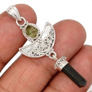 Handwork - Natural Black Tourmaline & Moldavite 925 Silver Pendant CP72511 - Picture 1 of 1