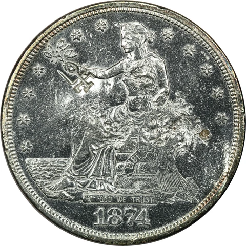1874-CC Trade Silver Dollar $1, About Uncirculated AU, Polished & Chopmarked Cover