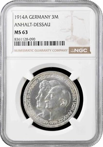 Anhalt-Dessau 3 mark 1914 A, NGC MS63, "Frederick II and Marie von Baden" - Picture 1 of 2