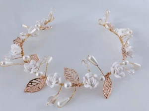 Women slim White flower Golden leaf Party Hair Head band Headband Fascinator - Picture 1 of 12