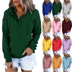 Women Hooded Button Collar Drawstring Pullover Sweatshirts Long Sleeve Top Shirt - Picture 1 of 22