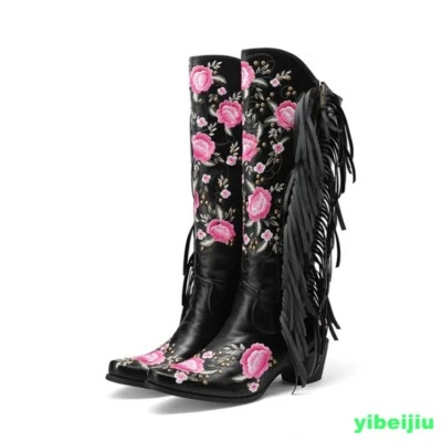 Botas de tacón cubano vintage para mujer de media pantorrilla vaquero occidental bordado flores zapatos Foto 1 de 4