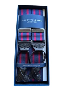 ALBERT THURSTON NAVY/WINE STRIPE WITH BLACK GOAT PRINT LEATHER ENDS STUNNING - Picture 1 of 1