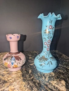 Jarrón y florero rosa Portieux Vallerystahl azul opalino pintado a mano  - Imagen 1 de 5