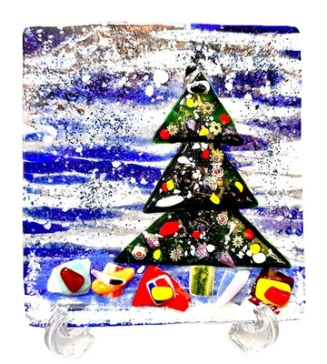 Fused Art Millefiori Dichroic Christmas Tree Glass Picture Dish Plate Tray - Image 1 of 4