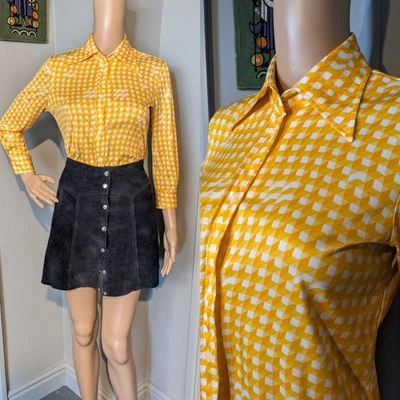 Vintage 70s Yellow Op Art Geometric Check Silky Blouse Top Shirt 34" 8 36 - Image 1 of 4