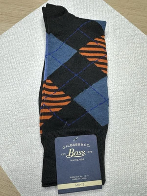 G.H. Calcetines de vestir Bass & Company talla 6 a 12,5 negro azul naranja patrón Argyle Foto 1 de 3