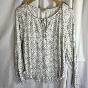 Lucky Brand Top Blouse Geometric Womens Size L Cream Yellow Blue - Picture 1 of 11