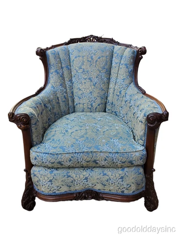 Antique Carved & Upholstered Easy Chair -Armchair Blue and Cream -We'll Uship It Cover