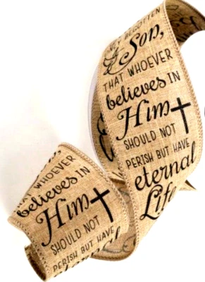 Easter Religious Sayings 2.5" by 2 yds Natural Wired Ribbon Bible Verses - Image 1 of 4