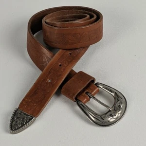 Adult Belt Brown Stamped Silver Tone Tip Western Cowboy Rustic Cottagecore - Picture 1 of 9