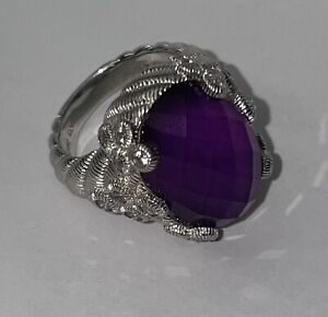 Judith Ripka Sterling Silver Amethyst & CZ Twisted cable Cocktail ring size 5
