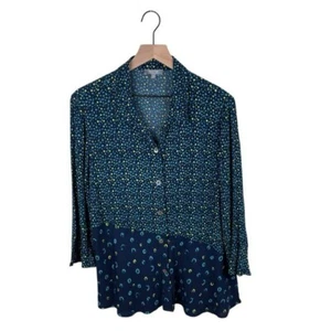 Habitat Blue Green Polka Dot Asymmetrical Button Down Top Size Medium Lagenlook - Picture 1 of 7
