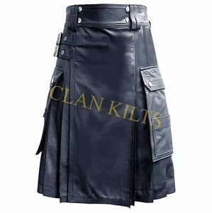 Handmade Traditional Pure Black Cow Leather Utility Kilt For Men Custom Size - Picture 1 of 4