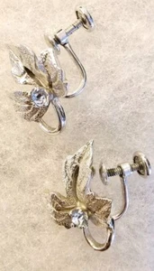 Sterling 1/20 Gold Filled Schraubverschluss Ohrringe Blatt Strass Vintage  - Bild 1 von 4