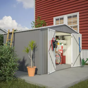 10X8 FT Outdoor Storage Shed, All Weather Metal Sheds with Lockable Doors, Grey - Picture 1 of 15