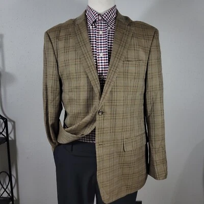Pronto Moda Mens Sport Coat Blazer Two Button Brown Plaid Polyester Oxford2B 44R - Image 1 of 4