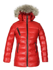 Womens Selina Puffer Leather Jacket with Fur Hoodie (Red) - Picture 1 of 5