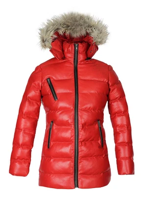 Womens Selina Puffer Leather Jacket with Fur Hoodie (Red) - Image 1 of 4