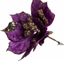 Clip-on Christmas Poinsettia Flower Decorations 21cm - Purple & Gold (Set of 6)