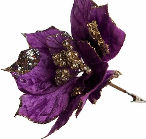 Clip-on Christmas Poinsettia Flower Decorations 21cm - Purple & Gold (Set of 6) - Picture 1 of 3
