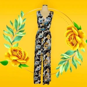 G By GIULIANA Black Yellow Boho FLORAL Jumpsuit Wide Leg Slit Pants Women's XS - Picture 1 of 14