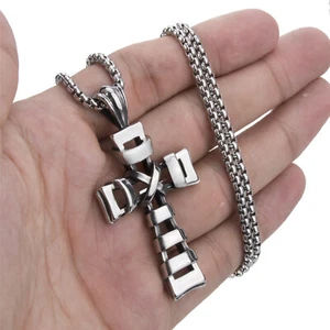 Men's Silver Big Hollow Cross Stainless Steel Pendant Necklace Set - Picture 1 of 6