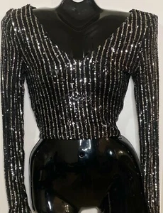 Women's Long sleeve V-neck Black and Silver Guess Sequin Top - Picture 1 of 4