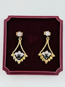 9k Gold Earrings With Crystal & Onyx For Ladies - Picture 1 of 8
