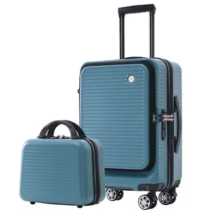 Carry-on Luggage 20 Inch Front Open Luggage Suitcase with Front Pocket, Blue - Picture 1 of 14