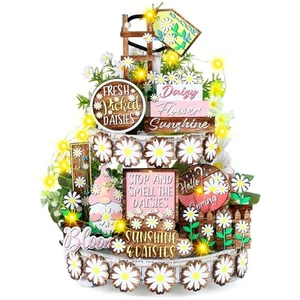 15 Pcs Spring Tiered Tray Decorations Set Farmhouse Daisy Wooden Decoration F... - Picture 1 of 6