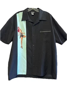 NWT BeRetro Pin Up Girl Bowling Shirt Men’s Size L Black Classic Button Up - Picture 1 of 9