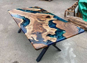 60" x 30" Walnut Epoxy River Dining Table | Blue Green Resin Live Edge Wood - Picture 1 of 10