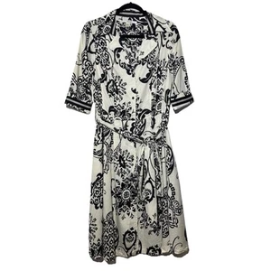 ZARA Basic Shirt Dress Button Black White Floral Paisley Knee Length Belted XL - Picture 1 of 7