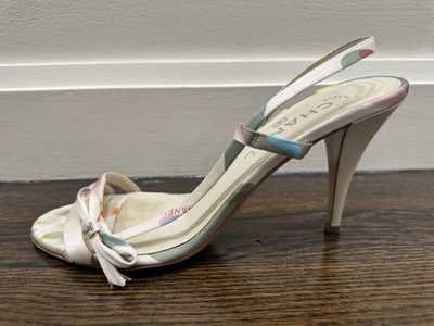 Chanel винтажный слоновой кости шелк и многоцветный цветочный слинга назад каблуках размер 8,5 - Изображение 1 из 4