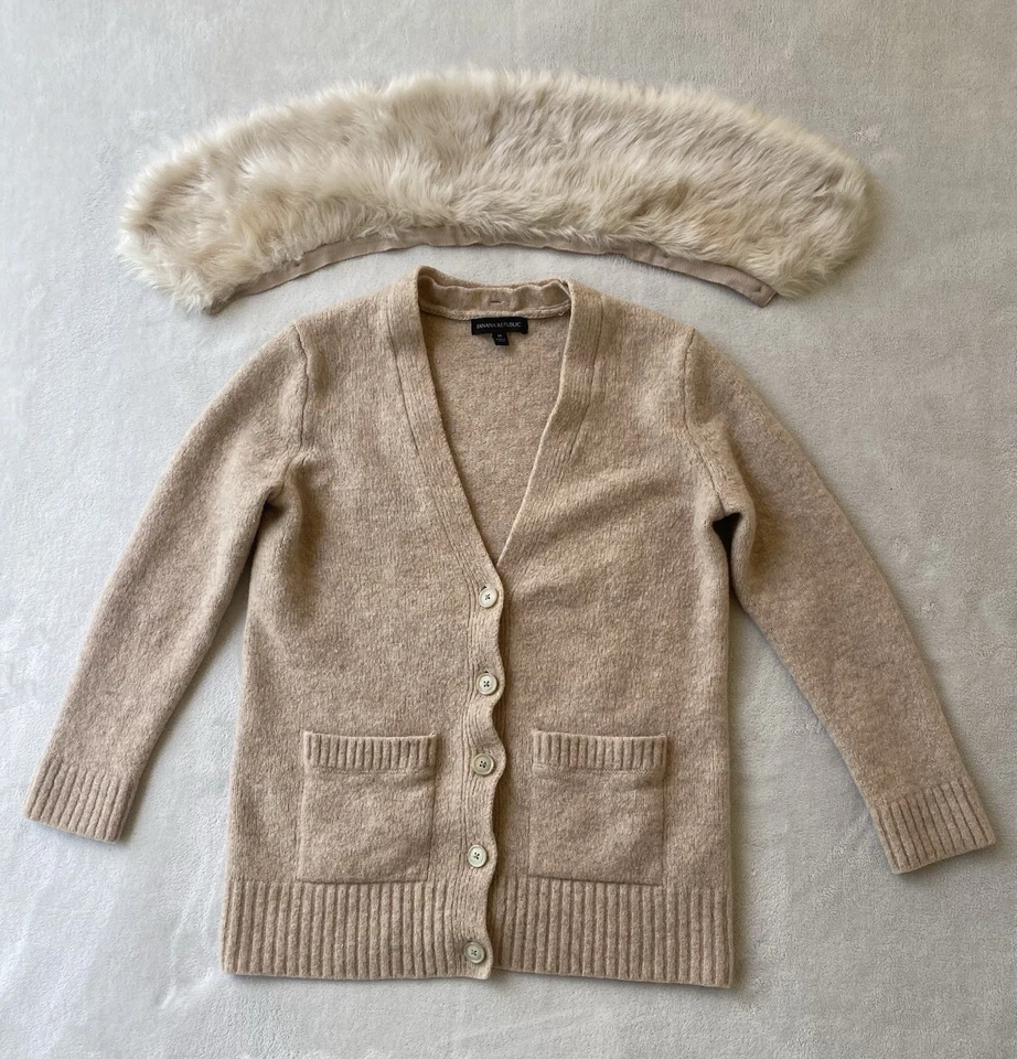 Cárdigan Suéter Banana Republic Marfil Cuello Piel Botón Lana TALLA MED Foto 1 de 4