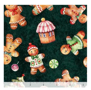 GINGERBREAD MEN ON EVERGREEN BY QT GINGERBREAD COOKIES QT CUTIES FABRIC HALF YD - Picture 1 of 1