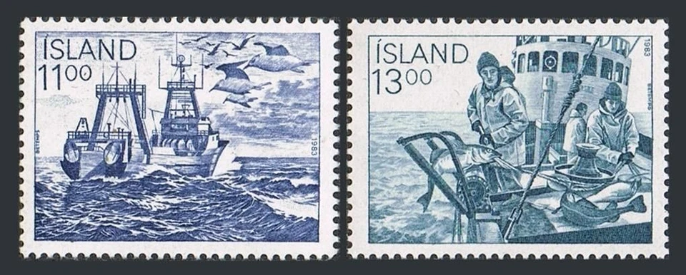 Iceland 575-576, MNH. Mi 600-601. Fishing Industry, 1983. Boat, Fishermen, Bird. - Image 1 of 1