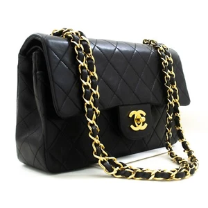 p88 CHANEL Authentic Classic Double Flap 9" Chain Shoulder Bag Black Lambskin - Picture 1 of 20
