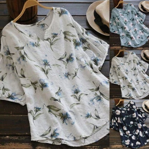 Plus Size 6-20 Womens Floral Tunic Tops Ladies V Neck Casual Baggy Blouse Shirts - Picture 1 of 17