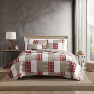 3-piece Warm Soft Cotton King Quilt Set With Lightweight Red Plaid Sham Bedding - Picture 1 of 11