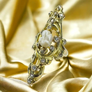 ANTIQUE Art Nouveau - 14K Gold- Diamond & Baroque Pearl Ring -Size 6.5 -9.9g - Picture 1 of 20