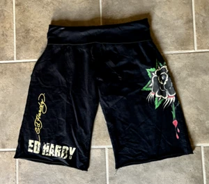 NWT Ed Hardy Women's Black Knit Jersey Rose Dripping Blood Shorts Medium - Picture 1 of 9