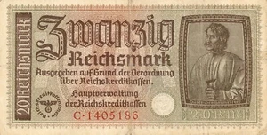 Currency Germany 1940 WW2 Fascism War Era 20 Reichsmark Zwanzig Circulated WORN! - Picture 1 of 2
