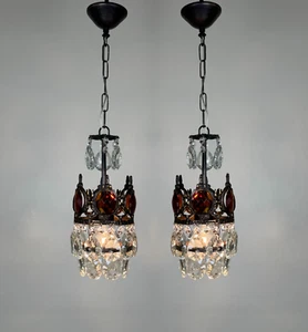 Matching 2 Antique Brass & Crystal Chandelier Lighting Ceiling Lamp Light 1960's - Picture 1 of 12