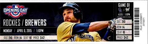 TICKET Colorado Rockies vs Milwaukee Brewers April 6 2015 Game 1 Opening Day Cover