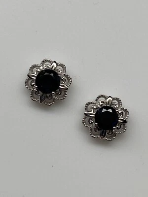 10K White Gold Natural Round Dark Blue Sapphire and Diamond Stud Earrings NEW - Image 1 of 4