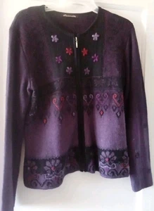 Caamano Plum Blk Multi Alpaca Knit Zip Front Cardigan Sweater Sz L - Picture 1 of 14