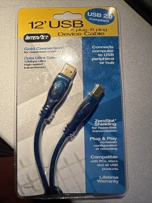 NEW InterAct 63222-0-31 USB 2.0 high speed cable 12 ft A to B device cable GOLD - Image 1 of 4