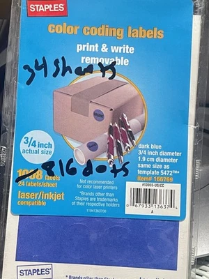 Staples Color Coding Print & Write Removable Dark Blue 3/4" 816 Labels /DOTS(M15 - Image 1 of 4